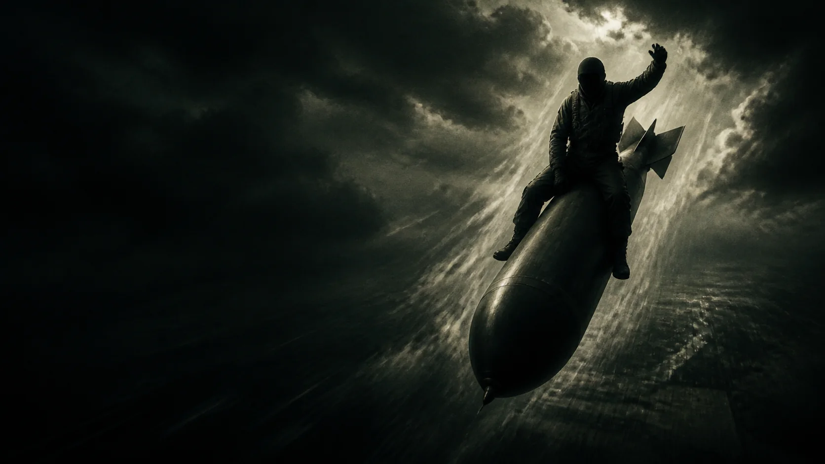 Anonymous silhouetted rider descending through storm clouds on an aerial bomb
